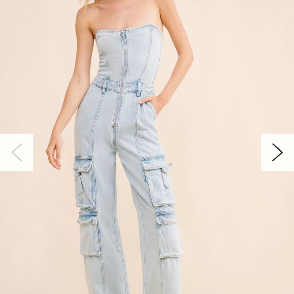 Anthropologie Light Blue Denim Corset Strapless Cargo Jumpsuit